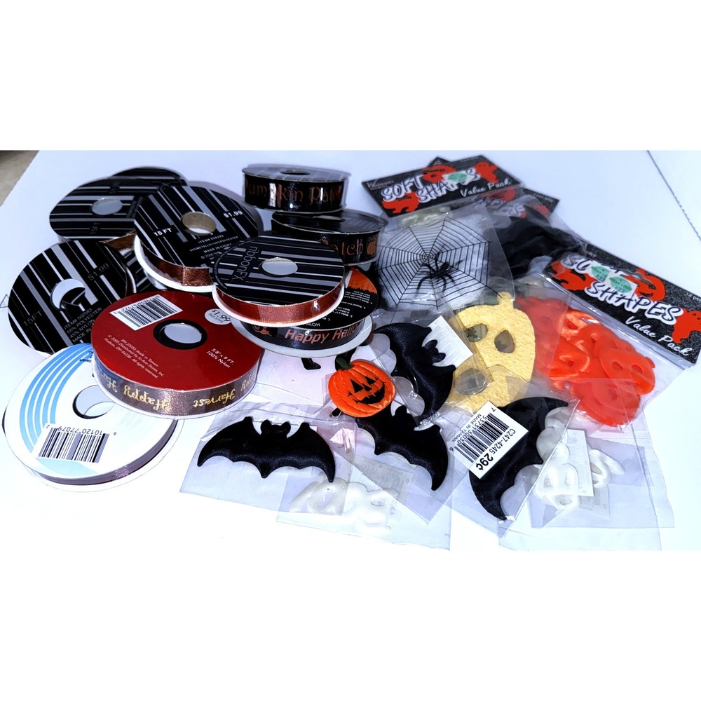 LOT Halloween JOL BOO BATS Soft Shapes Ghost Bells Ribbons Decor Scrapbook Trims